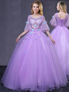 Lavender Lace Up Scoop Lace and Appliques Sweet 16 Dress Tulle Half Sleeves