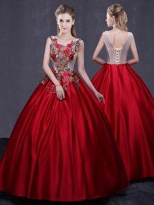 Scoop Wine Red Sleeveless Floor Length Appliques Lace Up Quinceanera Gown