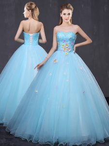 Excellent Light Blue Lace Up Sweetheart Beading and Appliques Quinceanera Gowns Tulle Sleeveless
