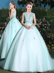 Best Selling Tulle Scoop Sleeveless Brush Train Lace Up Beading and Appliques Sweet 16 Dress in Light Blue