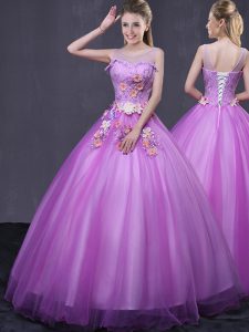 Beautiful Scoop Lilac Sleeveless Floor Length Beading and Appliques Lace Up Quinceanera Dresses