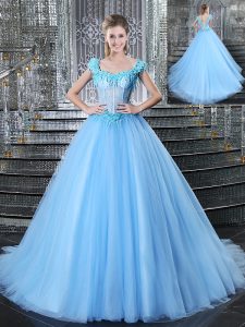 Adorable Straps With Train Light Blue Quince Ball Gowns Tulle Brush Train Sleeveless Beading and Appliques
