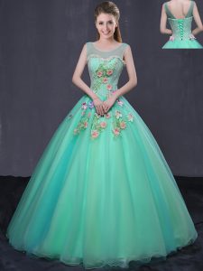 Traditional Scoop Organza Sleeveless Floor Length Quinceanera Dresses and Beading and Appliques