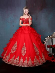 Red Off The Shoulder Neckline Beading and Appliques and Ruffles Vestidos de Quinceanera Sleeveless Lace Up