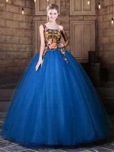 Tulle One Shoulder Sleeveless Lace Up Pattern Vestidos de Quinceanera in Blue