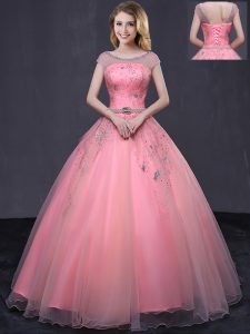 Fitting Tulle Scoop Cap Sleeves Lace Up Beading and Belt Quince Ball Gowns in Watermelon Red