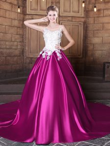 Chic Scoop Fuchsia Sleeveless With Train Appliques Lace Up Quinceanera Gown