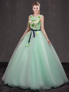 Modest Scoop Apple Green Sleeveless Floor Length Appliques Lace Up Quinceanera Dresses