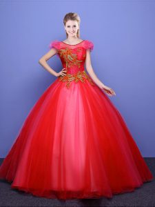 Sexy Scoop Short Sleeves 15 Quinceanera Dress Floor Length Appliques Coral Red Tulle