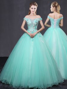 Off The Shoulder Sleeveless Quinceanera Dresses Floor Length Appliques Apple Green Tulle