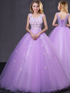 Sleeveless Floor Length Lace and Appliques Lace Up Sweet 16 Dress with Lavender