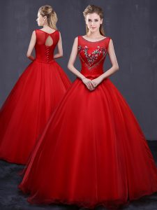 Custom Made Red Tulle Lace Up Scoop Sleeveless Floor Length Quinceanera Dresses Beading and Embroidery