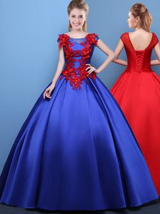 Scoop Floor Length Royal Blue Quinceanera Dresses Satin Cap Sleeves Appliques