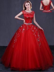New Arrival Scoop Cap Sleeves Tulle Quinceanera Gown Beading and Belt Lace Up