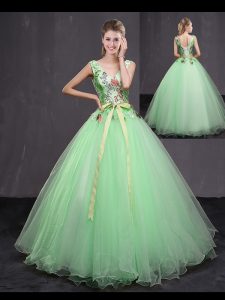 Lovely Sleeveless Tulle Floor Length Lace Up Quinceanera Gown in Apple Green with Appliques and Belt