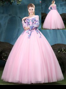 Deluxe Scoop Baby Pink Long Sleeves Floor Length Appliques Lace Up Ball Gown Prom Dress