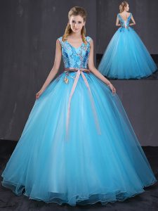 Great Tulle V-neck Sleeveless Lace Up Appliques and Belt Quince Ball Gowns in Blue