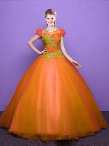 Pretty Orange Scoop Neckline Appliques Sweet 16 Dresses Short Sleeves Lace Up
