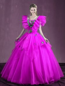 New Style Fuchsia Ball Gowns Appliques and Ruffles Sweet 16 Dress Lace Up Organza Sleeveless Floor Length