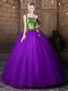 One Shoulder Eggplant Purple Lace Up Quince Ball Gowns Pattern Sleeveless Floor Length