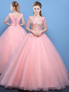 Baby Pink Ball Gowns Tulle V-neck Half Sleeves Appliques Floor Length Lace Up Quinceanera Gown