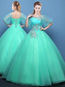 Scoop Half Sleeves Organza Quinceanera Gown Appliques Lace Up