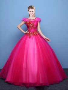 Ball Gowns Sweet 16 Dress Hot Pink Scoop Tulle Short Sleeves Floor Length Lace Up