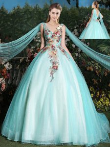Captivating Aqua Blue Lace Up V-neck Appliques Quinceanera Gowns Tulle Sleeveless Brush Train