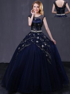 Top Selling Scoop Floor Length Navy Blue Ball Gown Prom Dress Tulle Cap Sleeves Beading and Belt