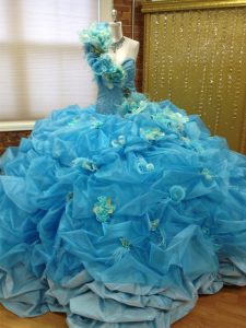 Smart Blue Sweet 16 Dress Military Ball and Sweet 16 and Quinceanera with Pick Ups and Hand Made Flower One Shoulder Sleeveless Lace Up
