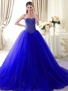 Flare Royal Blue Ball Gowns Beading Sweet 16 Quinceanera Dress Lace Up Tulle Sleeveless With Train