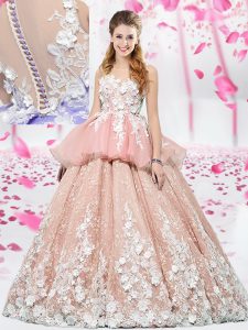 Discount Scoop Sleeveless Organza and Tulle Floor Length Lace Up 15 Quinceanera Dress in Pink with Lace and Appliques