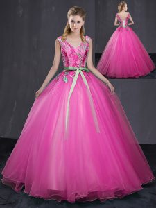Hot Pink Tulle Lace Up V-neck Sleeveless Floor Length Ball Gown Prom Dress Appliques and Belt