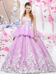 Cheap Scoop Lilac Ball Gowns Lace and Appliques Ball Gown Prom Dress Lace Up Organza and Tulle Sleeveless Floor Length