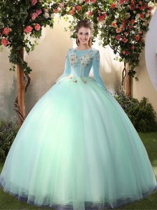 Elegant Scoop Long Sleeves Floor Length Lace Up Quinceanera Dresses Apple Green for Military Ball and Sweet 16 and Quinceanera with Appliques