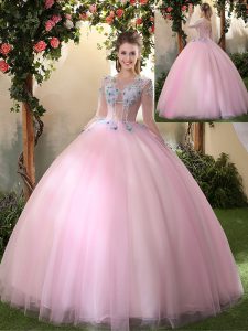 Scoop Baby Pink Ball Gowns Appliques Quinceanera Dress Lace Up Tulle Long Sleeves Floor Length