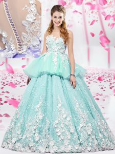 Noble Scoop Sleeveless Floor Length Lace and Appliques Lace Up Sweet 16 Dresses with Apple Green
