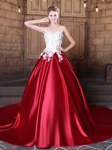 Best Scoop Elastic Woven Satin Sleeveless Floor Length Quince Ball Gowns and Lace and Appliques
