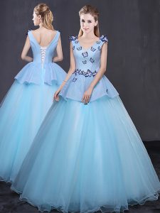 Wonderful Ball Gowns Quinceanera Gowns Light Blue V-neck Tulle Sleeveless Floor Length Lace Up