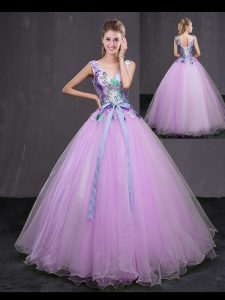 Lilac Lace Up V-neck Appliques and Belt Sweet 16 Dresses Tulle Sleeveless