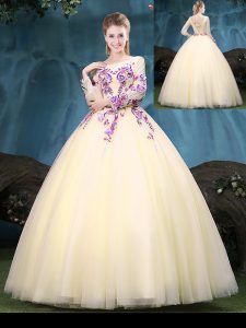 Dazzling Ball Gowns Quince Ball Gowns Light Yellow Scoop Tulle Long Sleeves Floor Length Lace Up