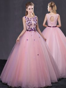 Luxury Scoop Sleeveless Tulle Sweet 16 Quinceanera Dress Appliques Lace Up