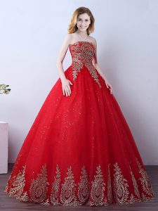Red Ball Gowns Tulle Strapless Sleeveless Appliques and Sequins Floor Length Lace Up Quince Ball Gowns