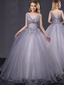 Grey Neckline Appliques 15 Quinceanera Dress Sleeveless Lace Up