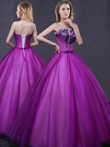 Scoop Floor Length Purple Quinceanera Gowns Tulle Sleeveless Beading and Appliques
