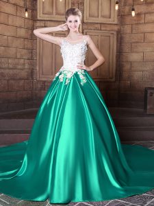 Turquoise Elastic Woven Satin Lace Up Scoop Sleeveless With Train 15th Birthday Dress Court Train Lace and Appliques