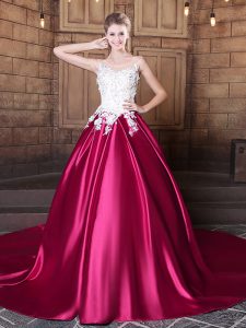 Decent Court Train Ball Gowns Ball Gown Prom Dress Hot Pink Scoop Elastic Woven Satin Sleeveless Lace Up
