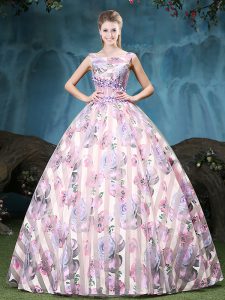 Fine Straps Multi-color Ball Gowns Appliques and Pattern Sweet 16 Quinceanera Dress Lace Up Tulle Sleeveless Floor Length