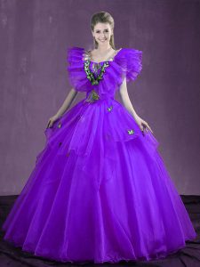 Sumptuous Sleeveless Lace Up Floor Length Appliques and Ruffles Ball Gown Prom Dress