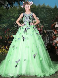 Apple Green Ball Gowns Scoop Sleeveless Organza Brush Train Zipper Appliques 15th Birthday Dress